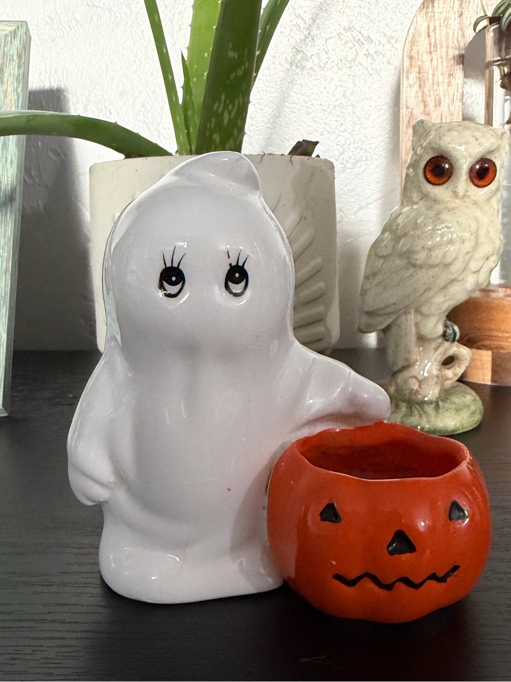 Vintage Halloween White Ghost Ceramic Figurine with Orange Pumpkin Candle